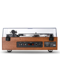 Qlearsoul HiFire X Vinyl Record Player with Stereo Speakers Walnut Rear View DC IN 21V  RCA LINE IN LINE OUT Passive Speaker Outputs 2000*2560