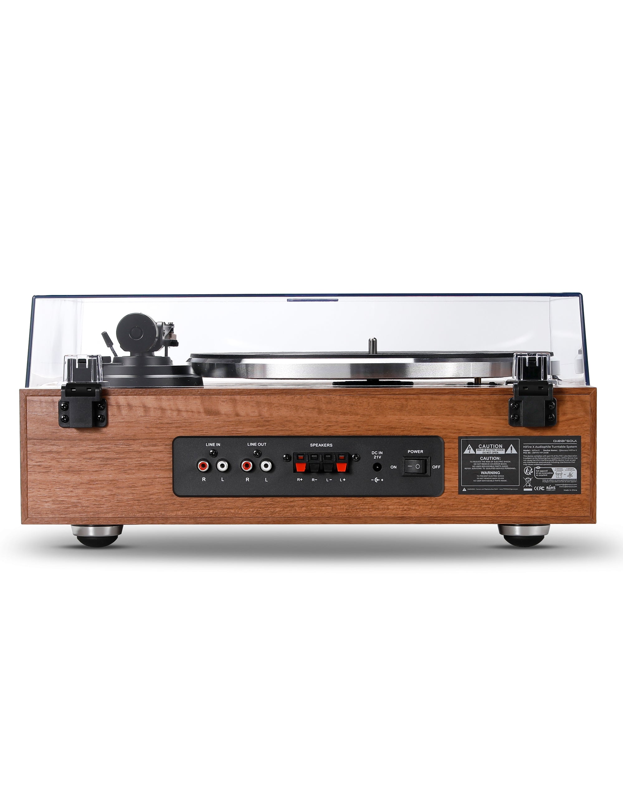 Qlearsoul HiFire X Vinyl Record Player with Stereo Speakers Walnut Rear View DC IN 21V  RCA LINE IN LINE OUT Passive Speaker Outputs 2000*2560