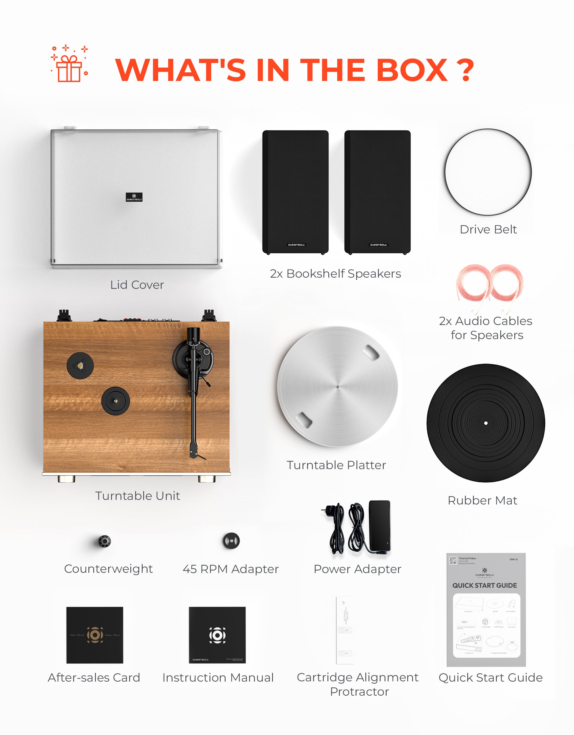 Qlearsoul HiFire X Vinyl Record Player with Stereo Speakers Walnut What's In The Box 2000*2560