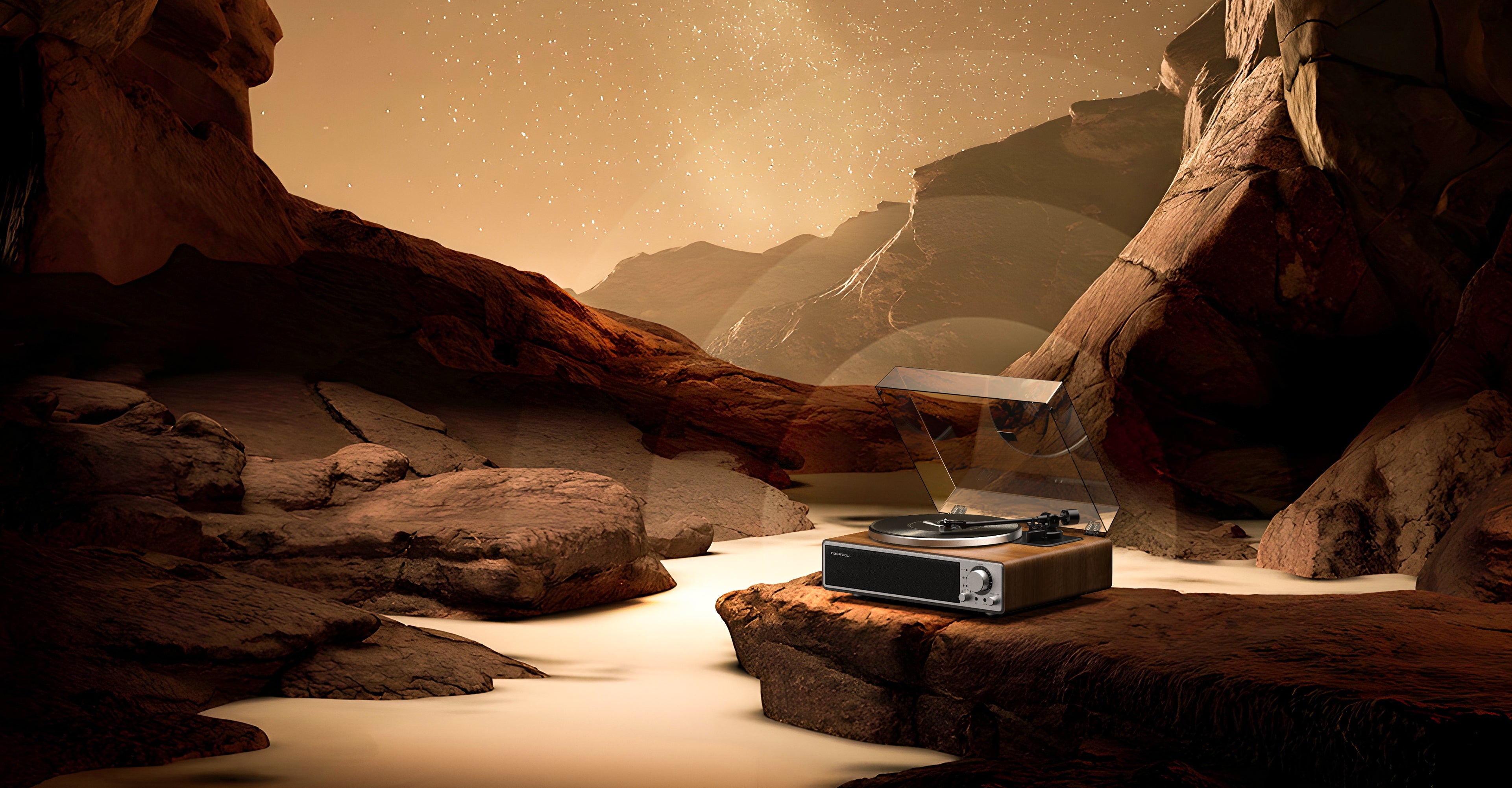 Qlearsoul ONE-Q Vinyl Record Player  Lifestyle Image Inspired by nature, built for clarity Pure Sound, Anywhere 3842*2002