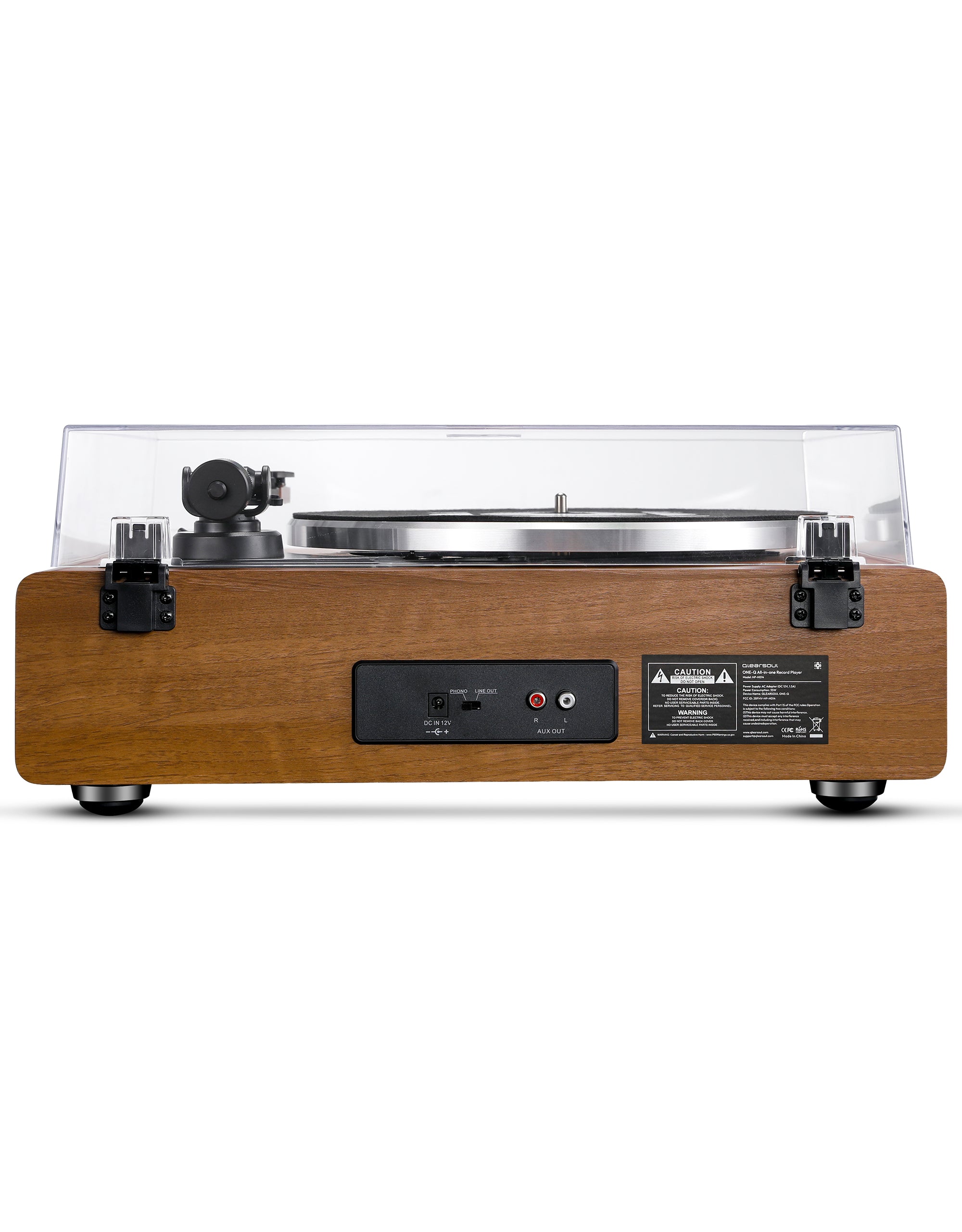 Qlearsoul ONE-Q Vinyl Record Player Walnut Rear View DC IN 12V PHONO LINE OUT SWITCH AUX OUT 2000*2560