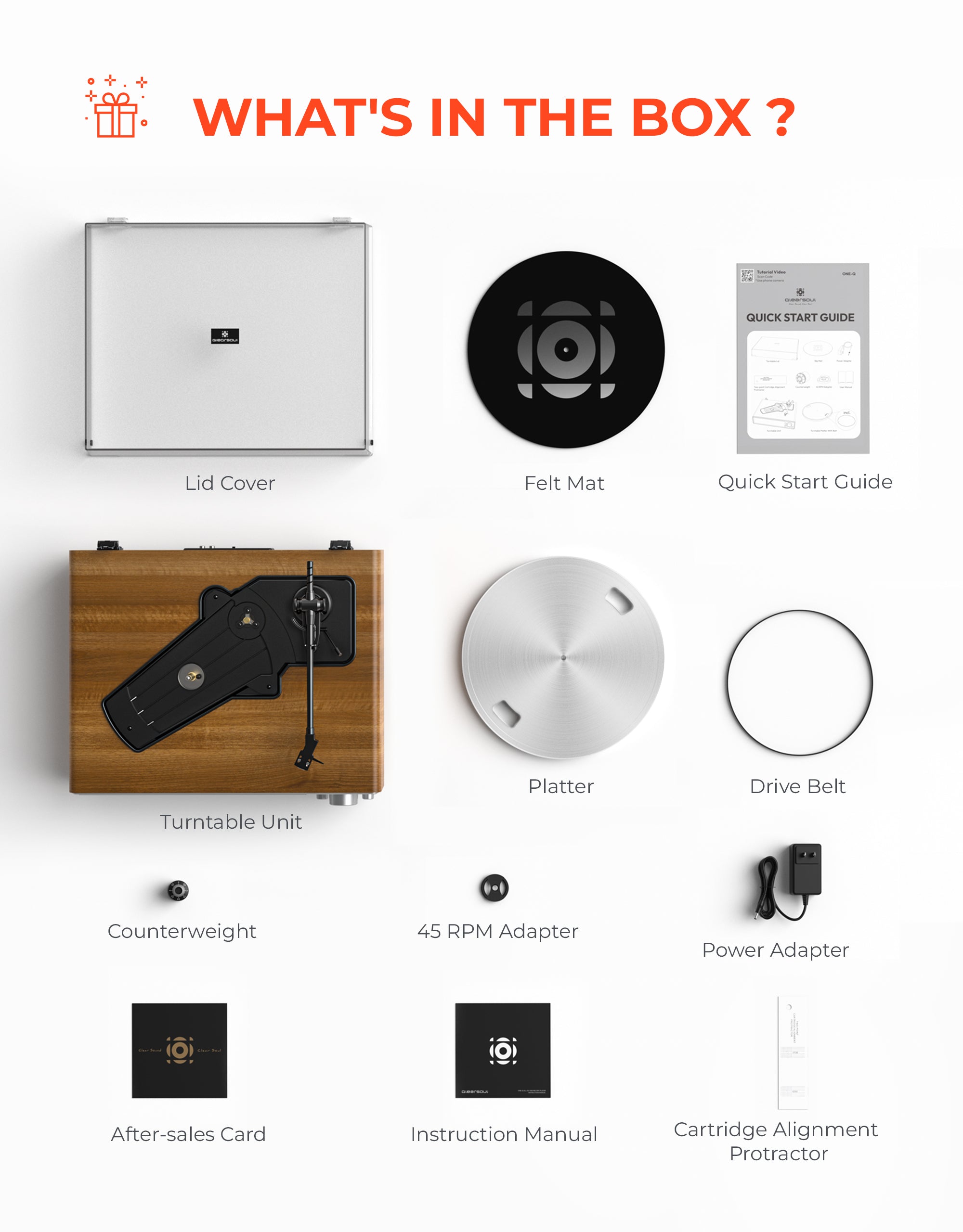 Qlearsoul ONE-Q Vinyl Record Player Walnut What's In The Box 2000*2560