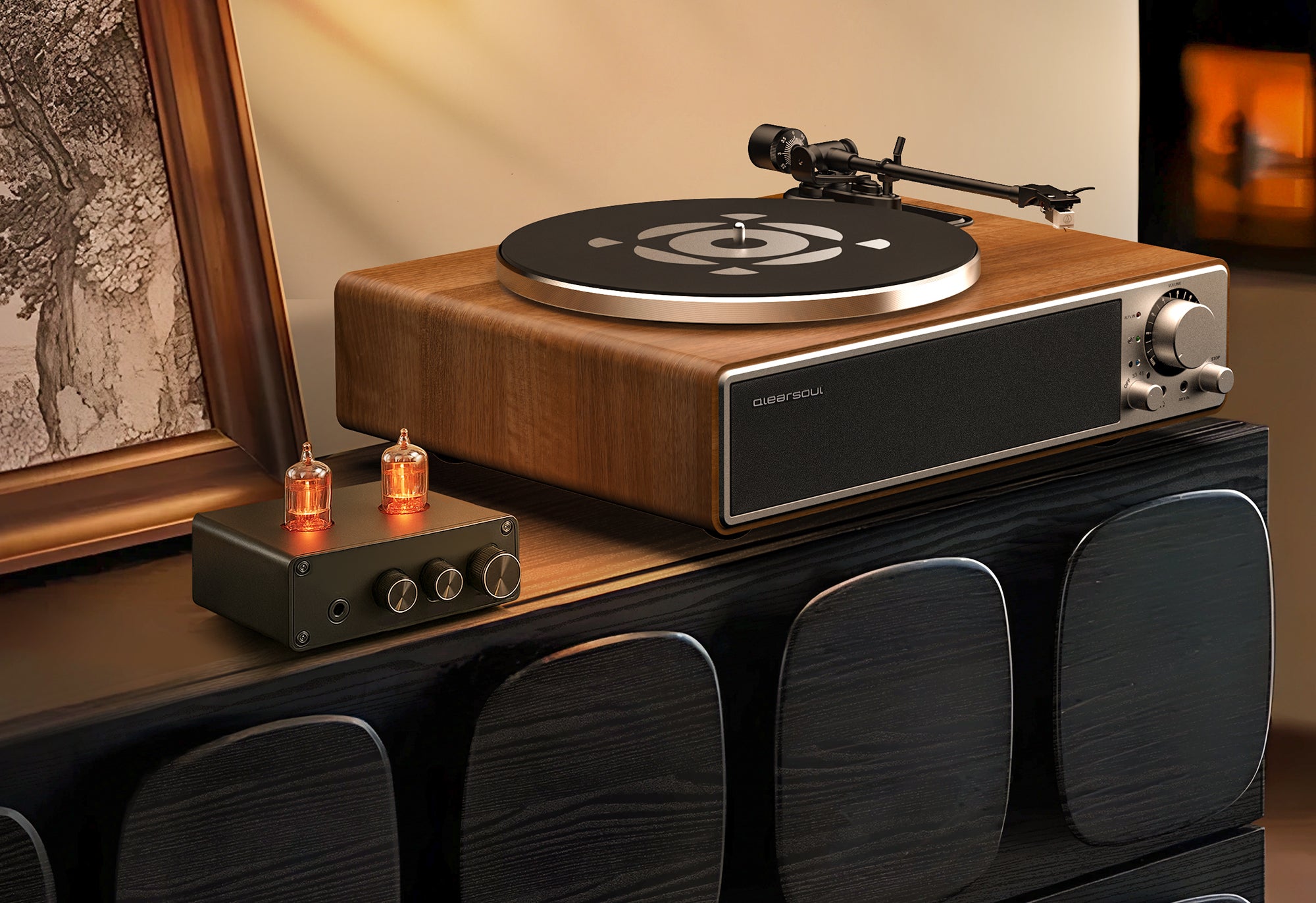 Qlearsoul ONE-Q Vinyl Record Player With AUX IN, AUX OUT, and a built-in phono preamp, the ONE-Q connects easily to external speakers, headphones, or audio equipment 2000*1372