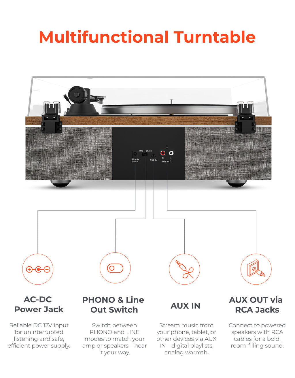 Qlearsoul ONE-S Vinyl Record Player Walnut Multifunctional Turntable AC-DC Power Jack PHONO Line Out Switch AUX IN AUX OUT via RCA Jacks_20251121 2000*2560
