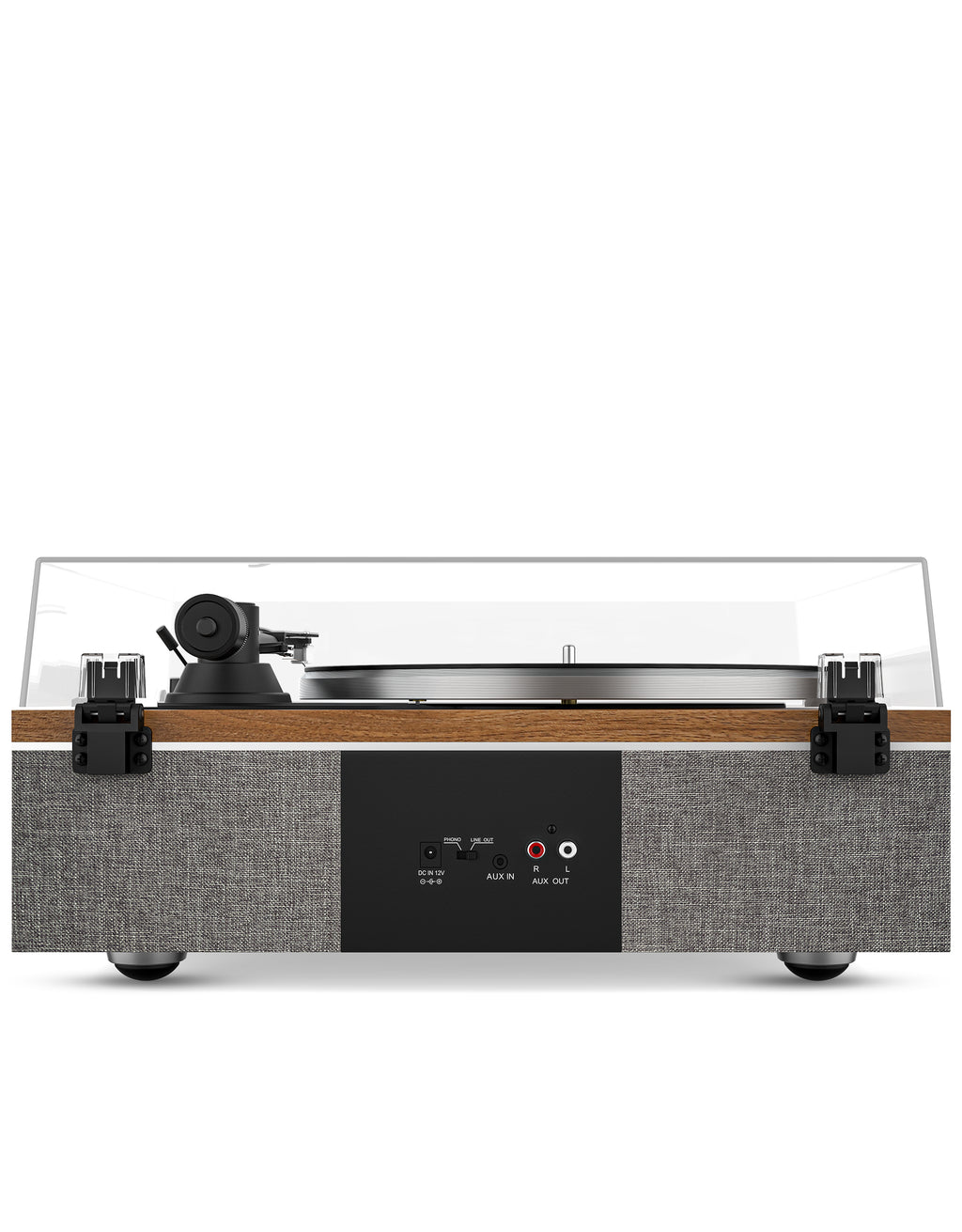 Qlearsoul ONE-S Vinyl Record Player Walnut Rear View DC IN 12V PHONO LINE OUT SWITCH AUX IN AUX OUT 2000*2560
