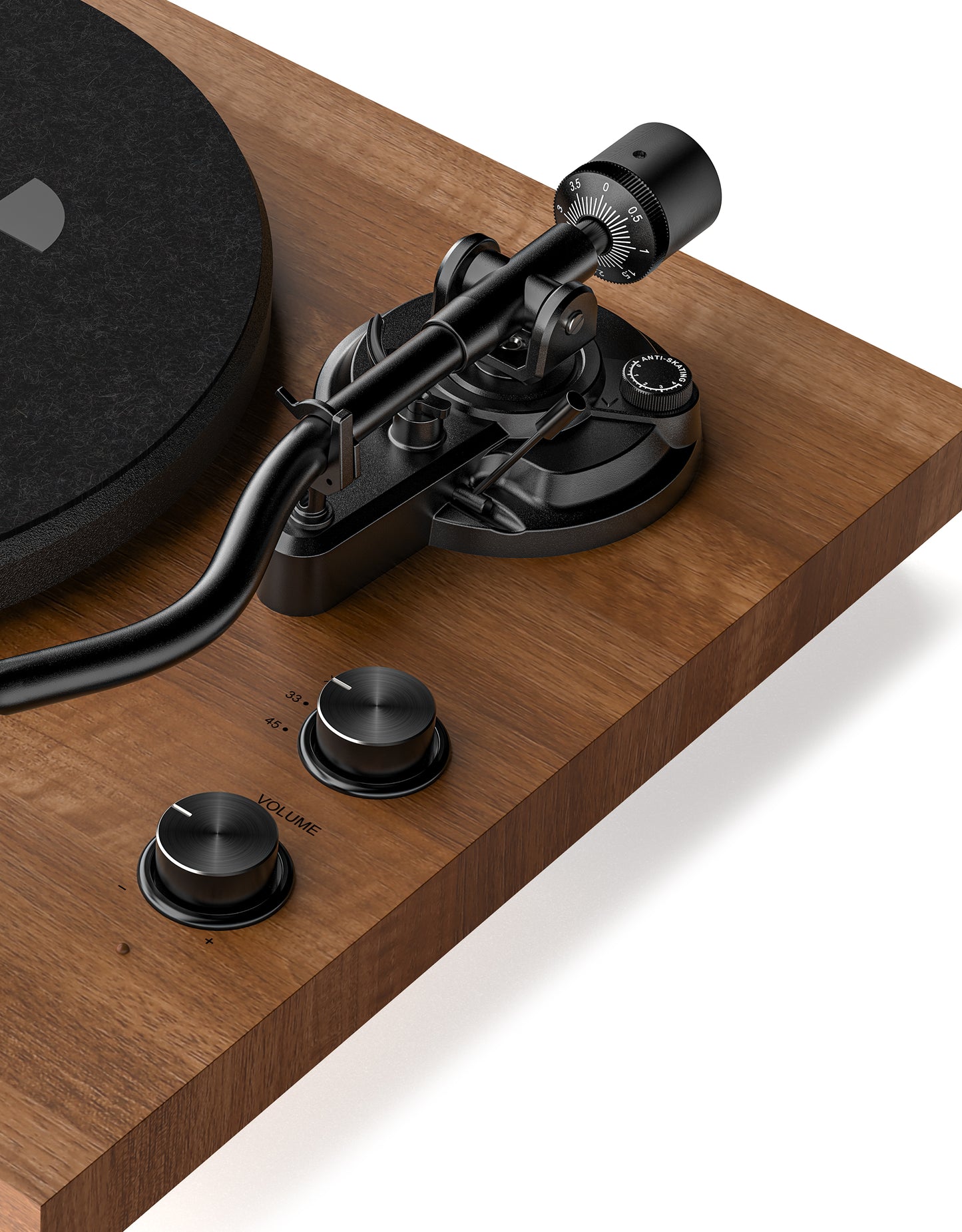 Qlearsoul SoulBox S1 Vinyl Record Player with Stereo Speakers Walnut Detail View Anti-skating Knob Volume Knob 33RPM 45RPM Bluetooth Input Mode Knob 2000*2560