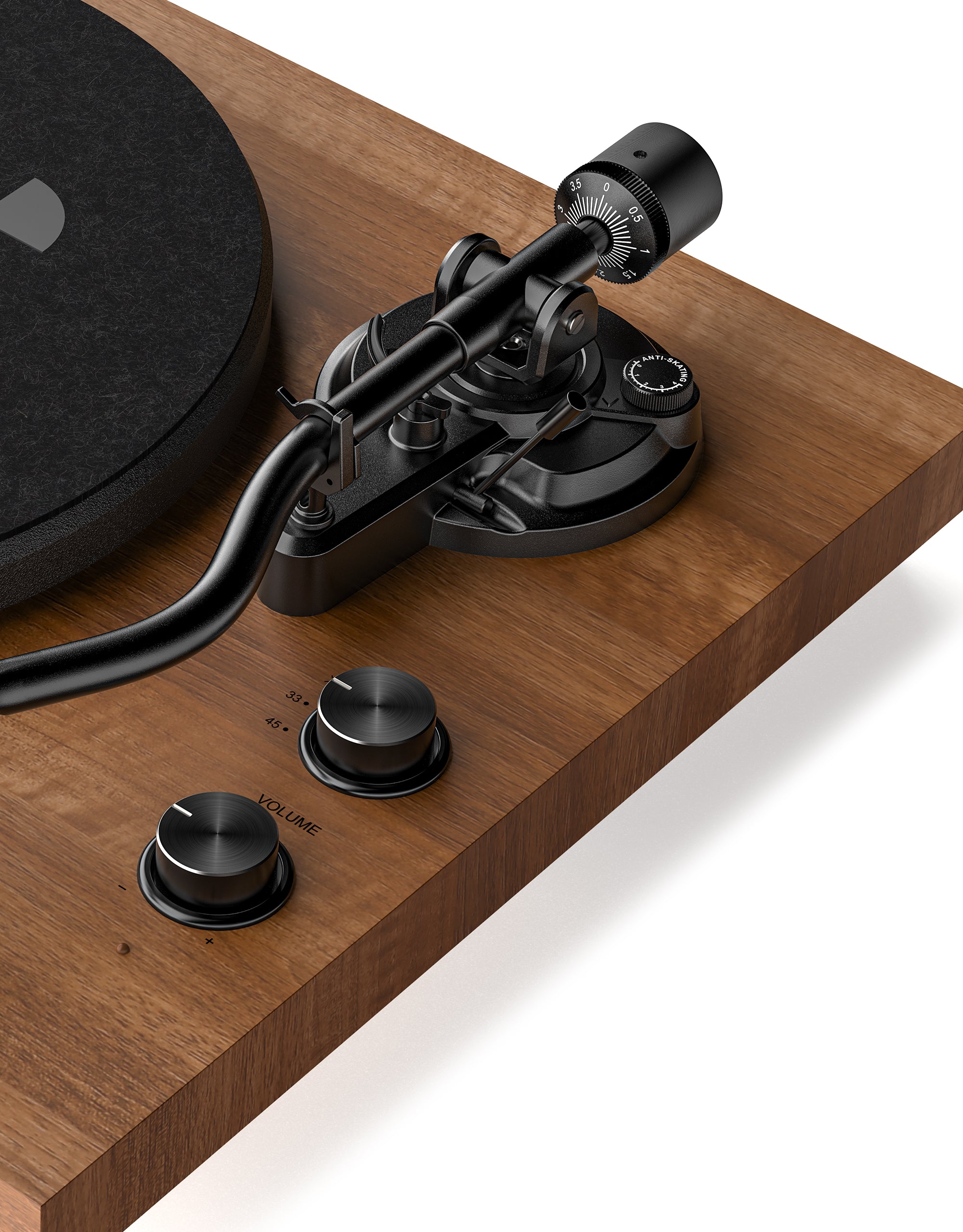 Qlearsoul SoulBox S1 Vinyl Record Player with Stereo Speakers Walnut Detail View Anti-skating Knob Volume Knob 33RPM 45RPM Bluetooth Input Mode Knob 2000*2560