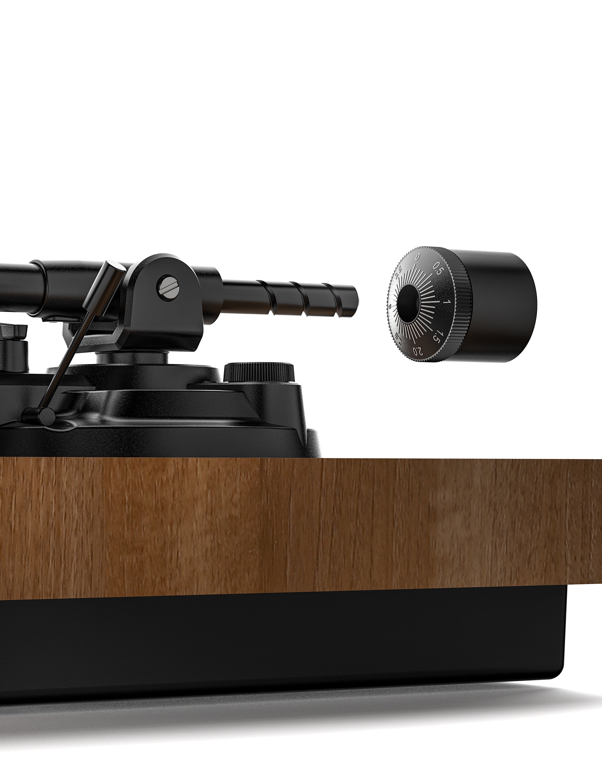 Qlearsoul SoulBox S1 Vinyl Record Player with Stereo Speakers Walnut Detail View Counterweight 2000*2560