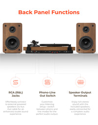 Qlearsoul SoulBox S1 Vinyl Record Player with Stereo Speakers Walnut Rear View Back Ports Phono Out Via RCA Jacks, Line out Via RCA Jacks, Phono-Line Out Switch, AC-DC Power Jack, Speaker Output Terminals, Power Switch 2000*2560