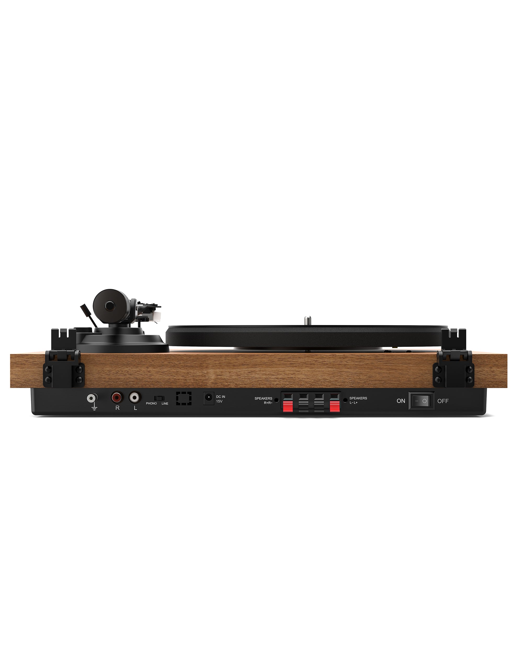 Qlearsoul SoulBox S1 Vinyl Record Player with Stereo Speakers Walnut Rear View Ground Connector RCA OUT DC IN 15V Passive Speaker Outputs Power Switch 2000*2560