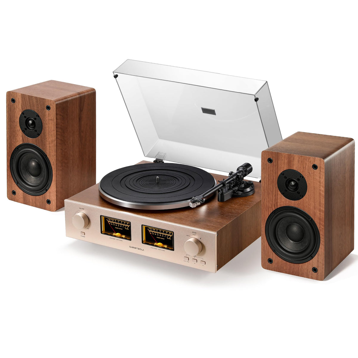 Qlearsoul HiFire X7 turntable system with two walnut bookshelf speakers