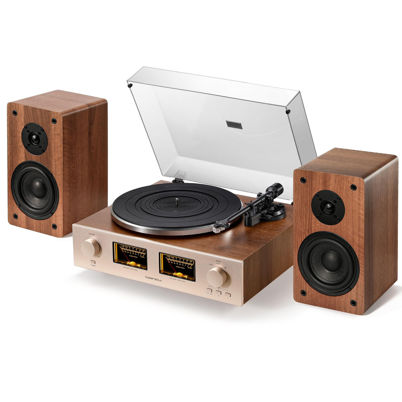 Qlearsoul HiFire X7 turntable system with two walnut bookshelf speakers