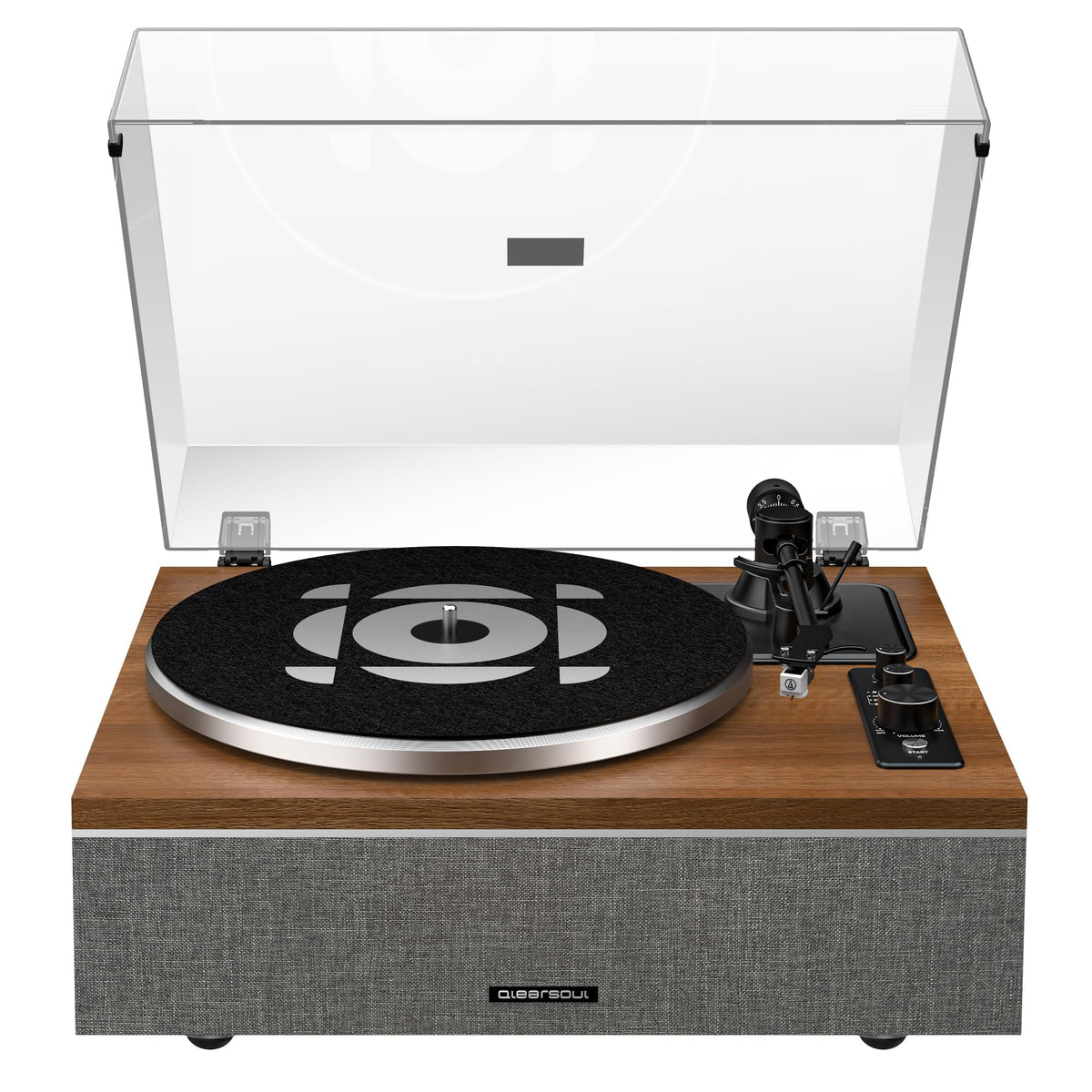 Qlearsoul ONE-S walnut all-in-one turntable with fabric speaker front