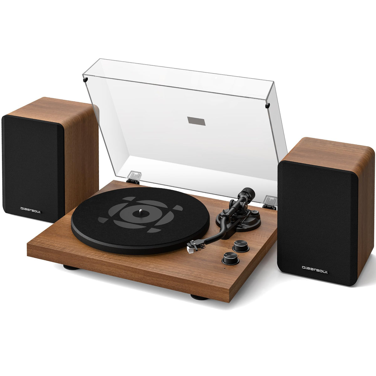 Qlearsoul SoulBox S1 walnut turntable with two bookshelf speakers
