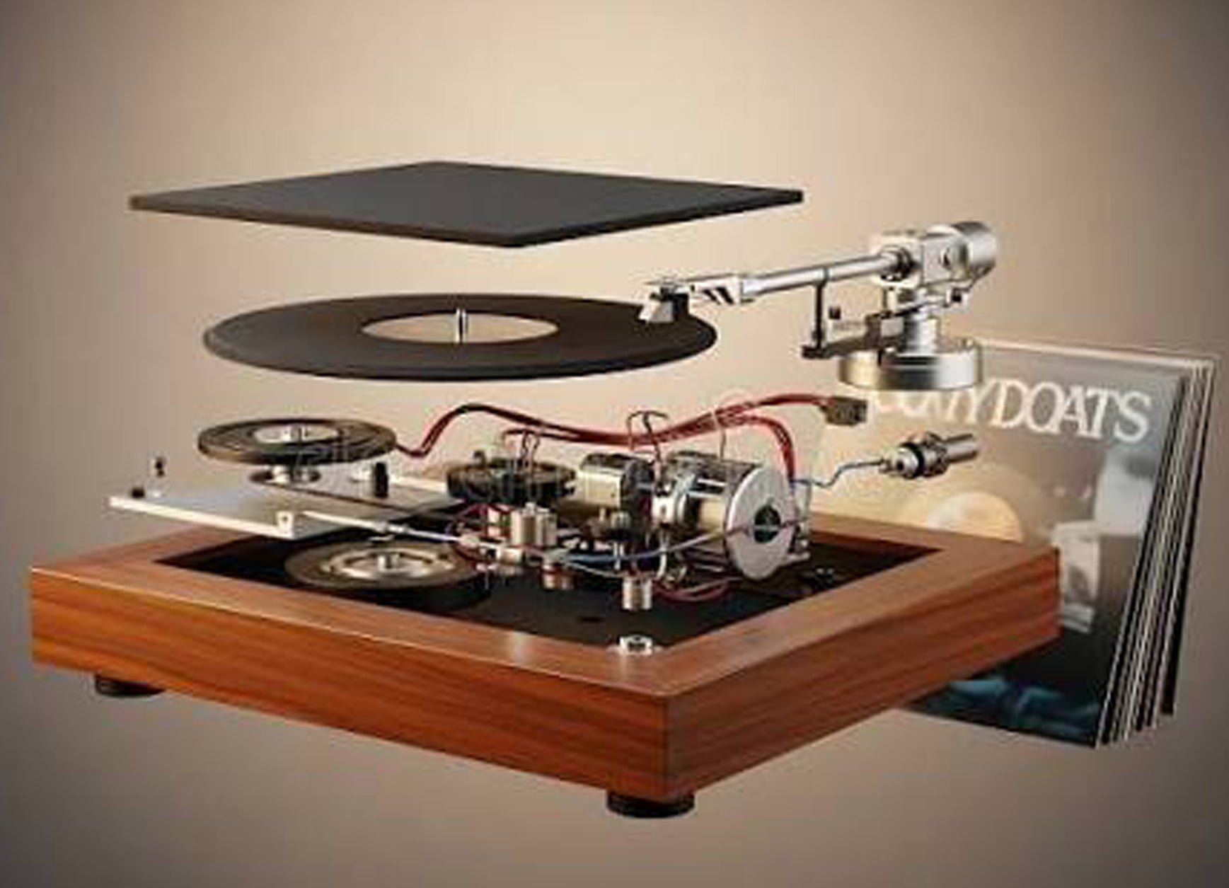 An exploded view revealing the construction of a Qlearsoul turntable
