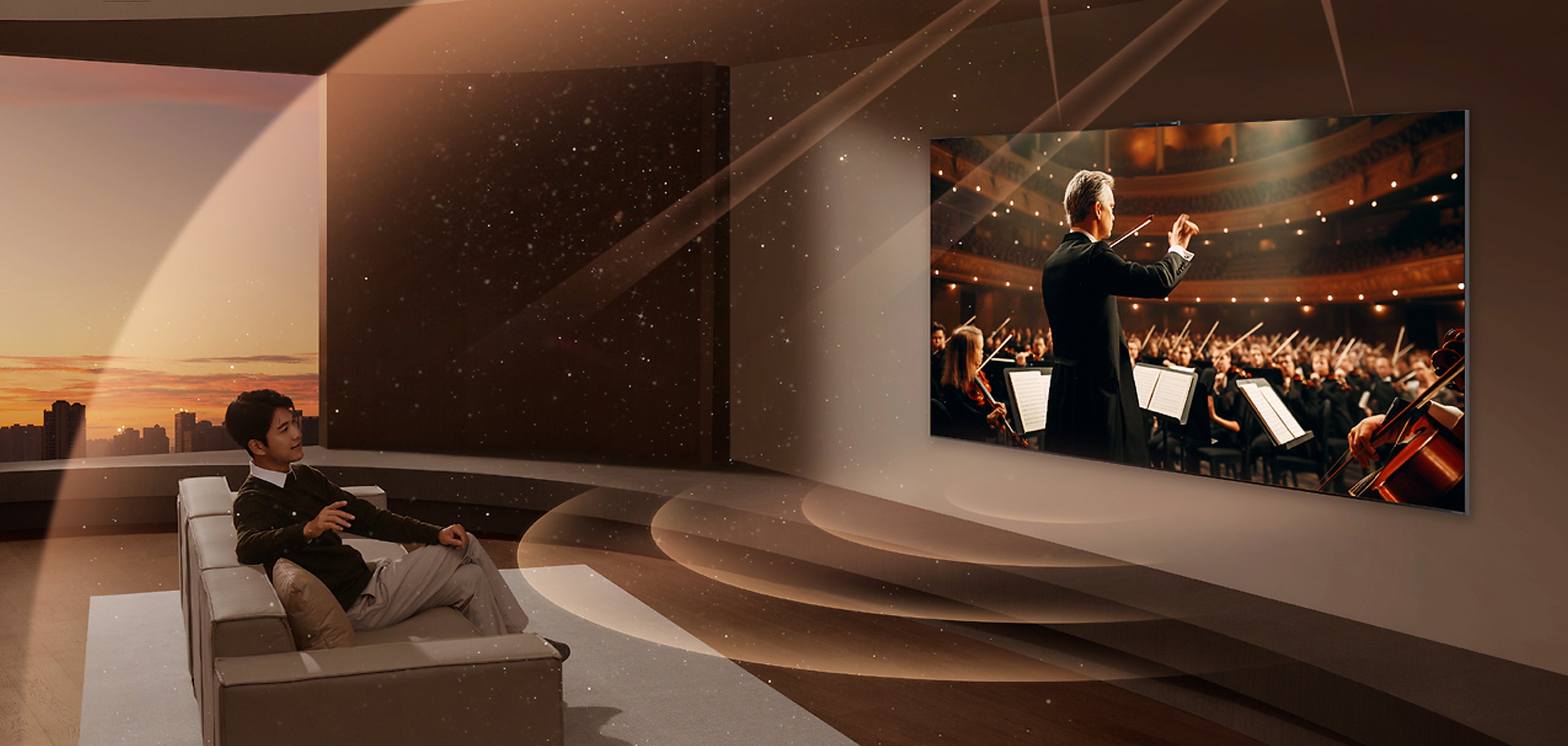 A listener enjoying an orchestral performance in a sculptural listening room